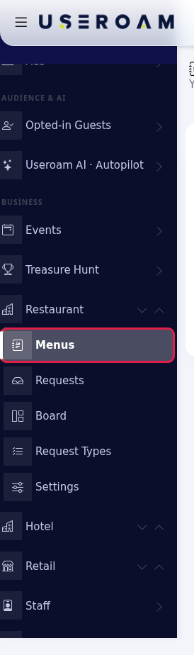 Restaurant, Menus in the left menu