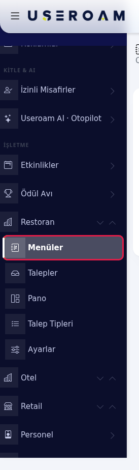 Sol menüde Restoran, Menüler