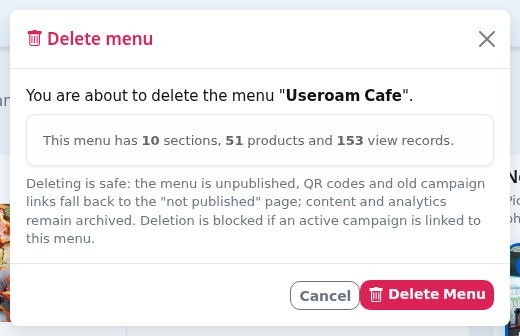 Delete menu window