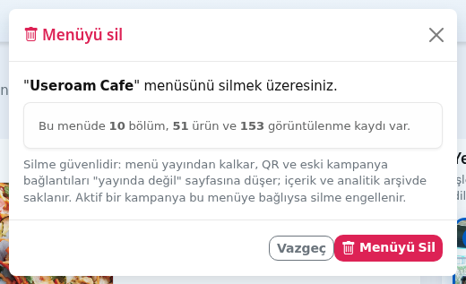 Menüyü sil penceresi