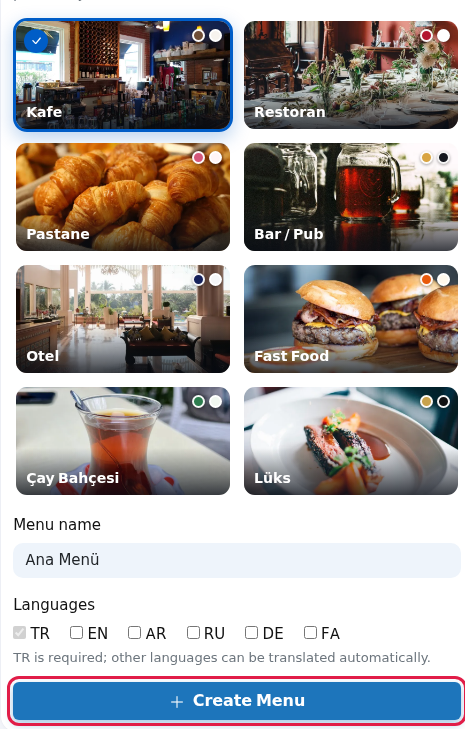New Menu form and Create Menu button