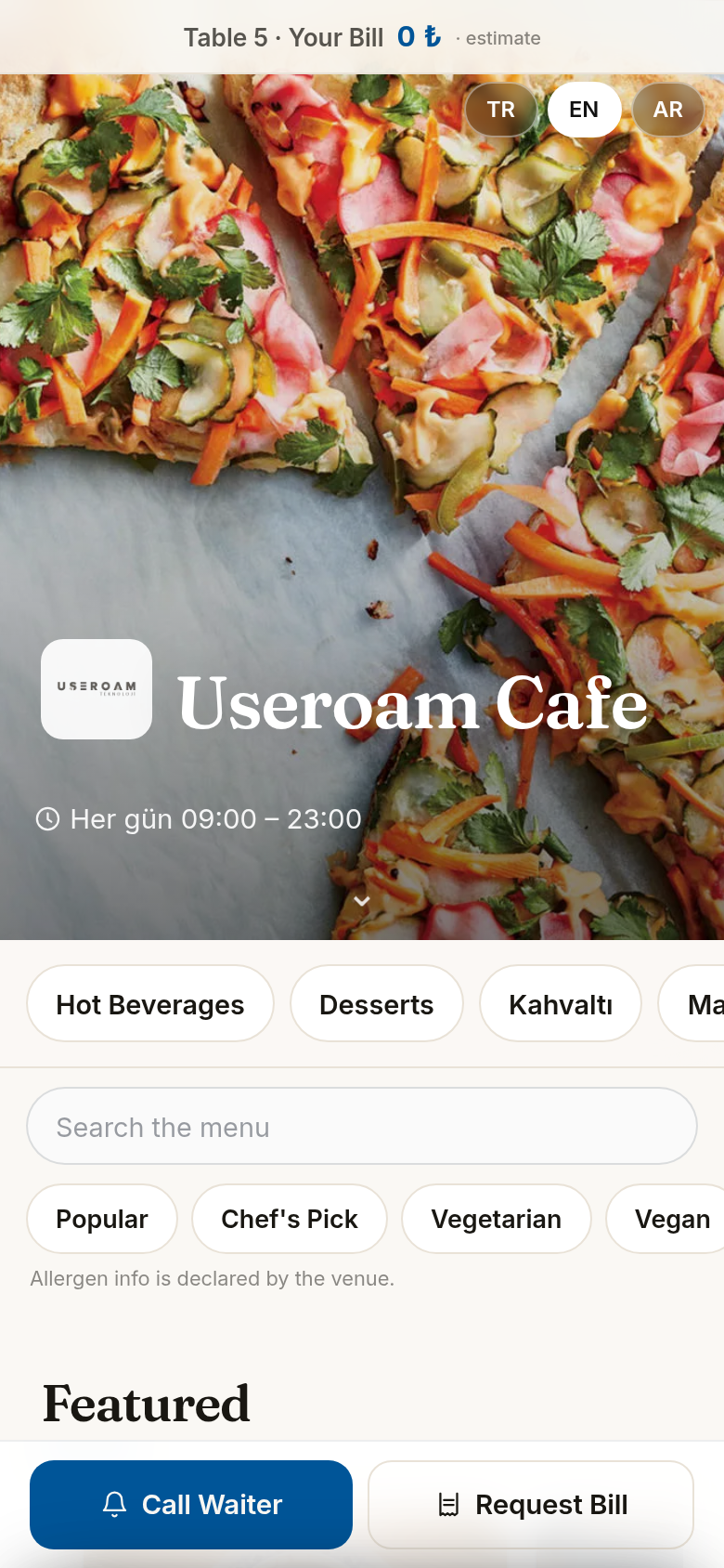 Menu opened from a table QR