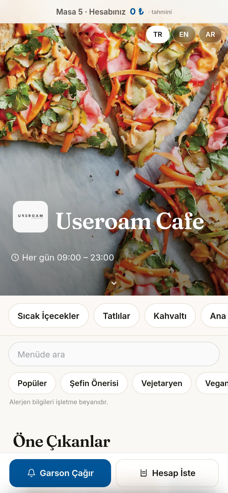 Masa QR ile açılan menü