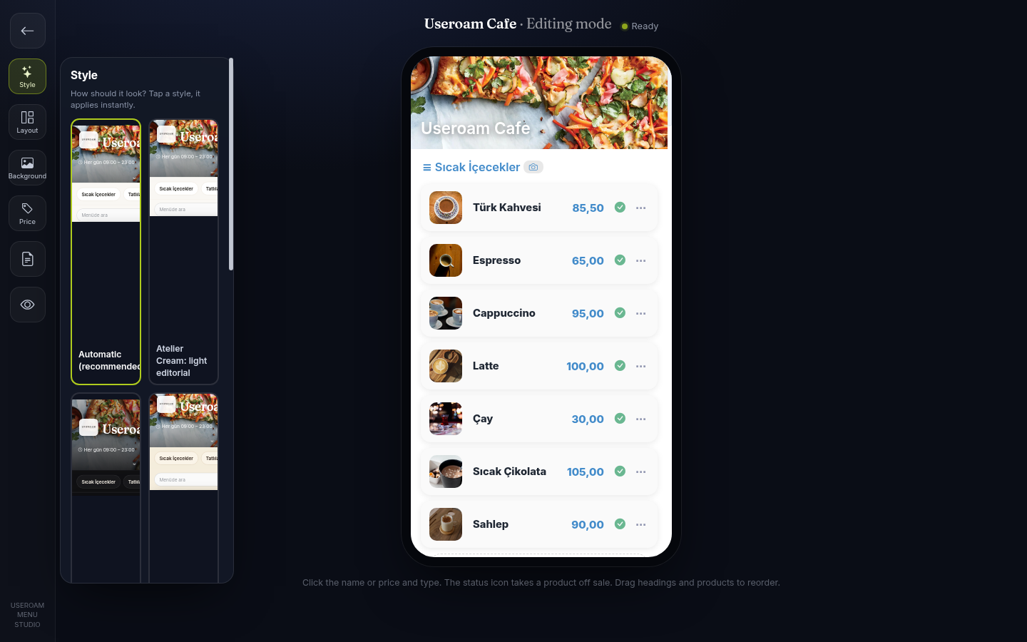 Menu Studio: Style section and live menu