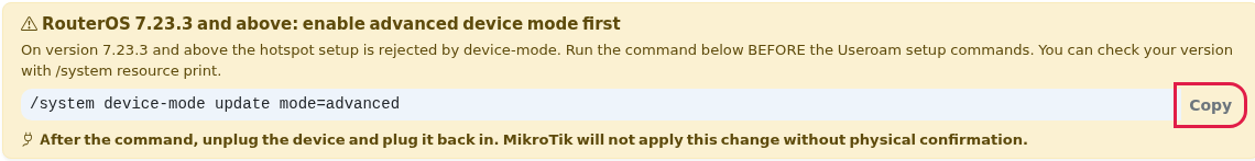 Device mode warning and Copy button
