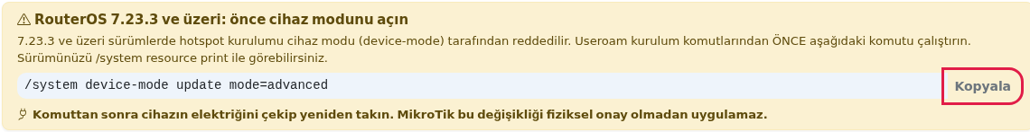 Cihaz modu uyarısı ve Kopyala düğmesi