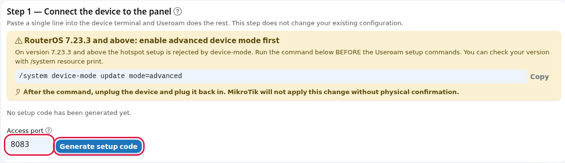 Step 1 card with the Access port field and the Generate setup code button