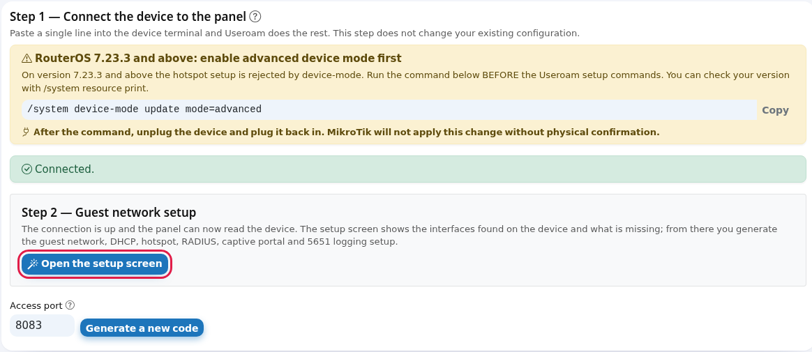 Connected status and the Open the setup screen button