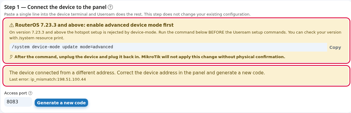 The device connected from a different address warning with the last error