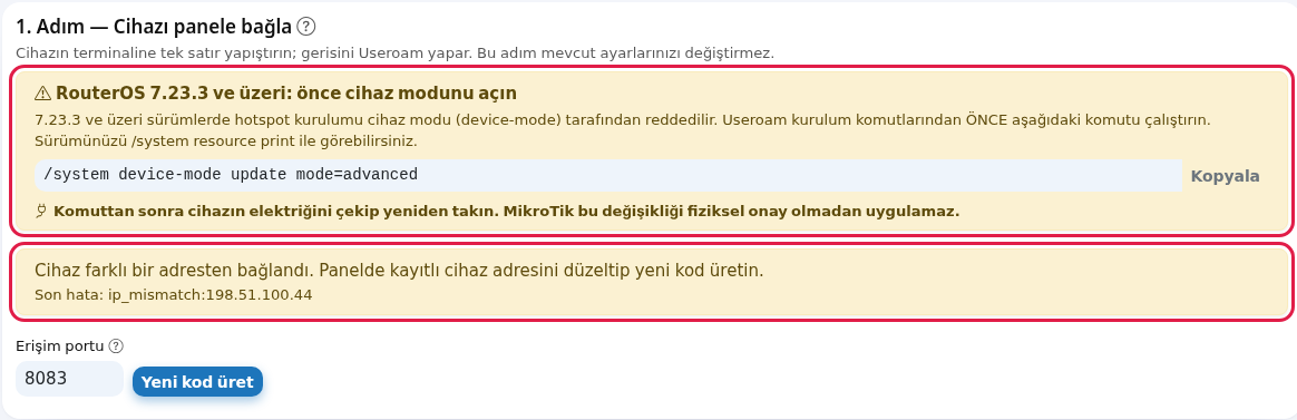 Cihaz farklı bir adresten bağlandı uyarısı ve son hata