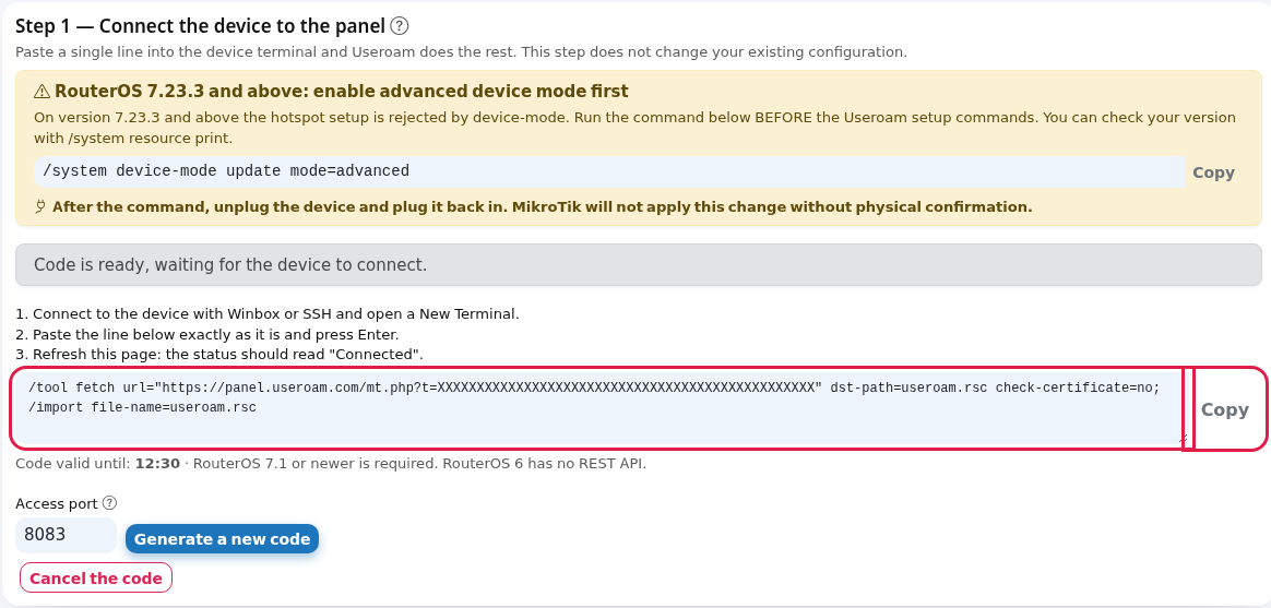Code ready status, command box and Copy button
