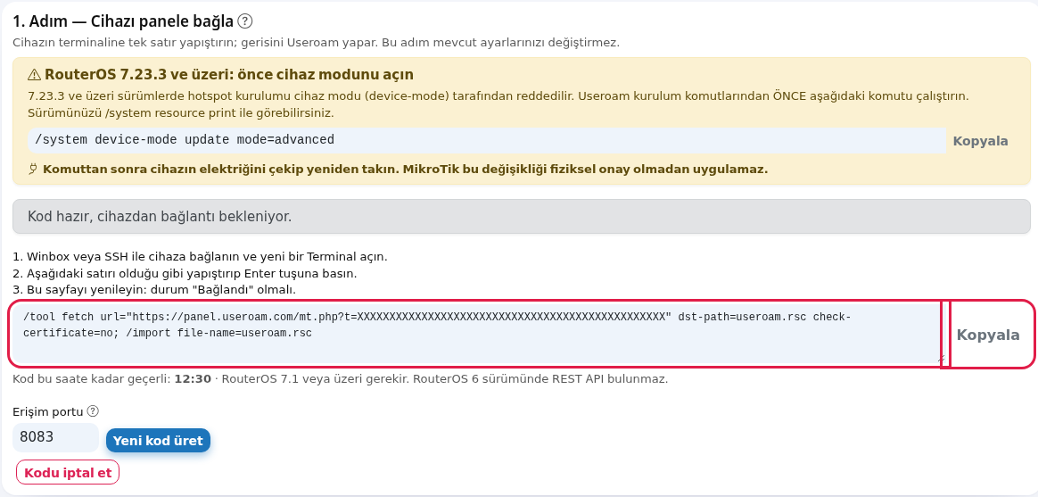 Kod hazır durumu, komut kutusu ve Kopyala düğmesi
