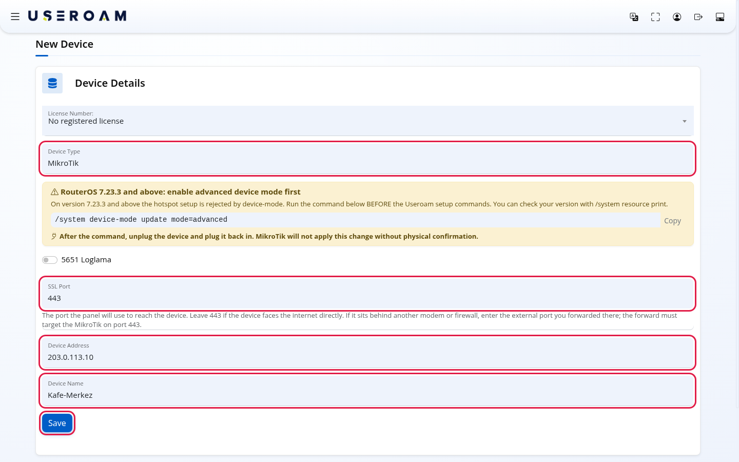 New Device form with MikroTik selected, device address and Save