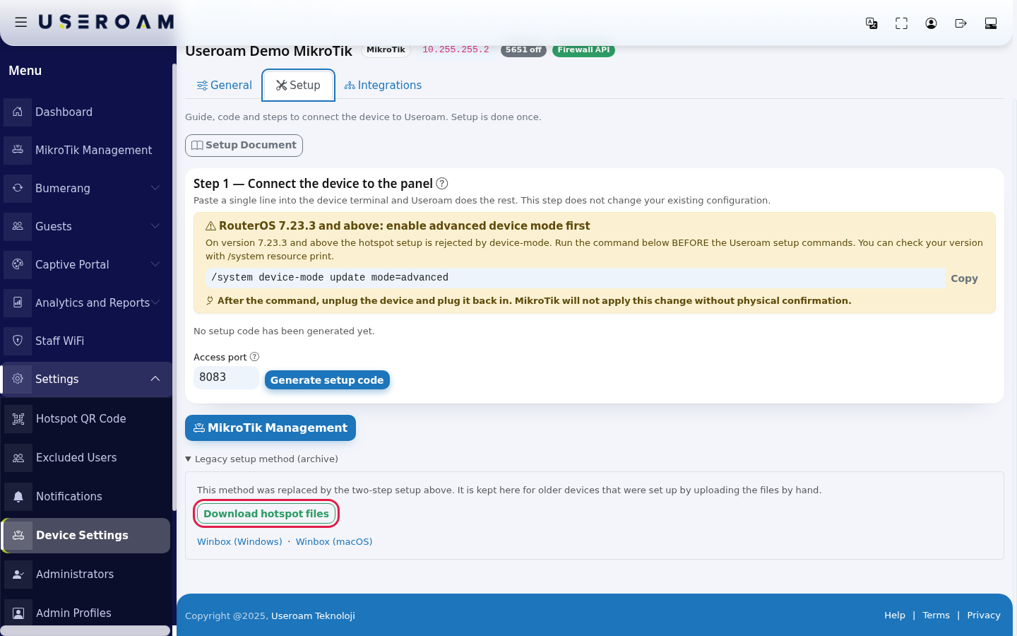 Setup tab with Legacy setup method (archive) open and the Download hotspot files button