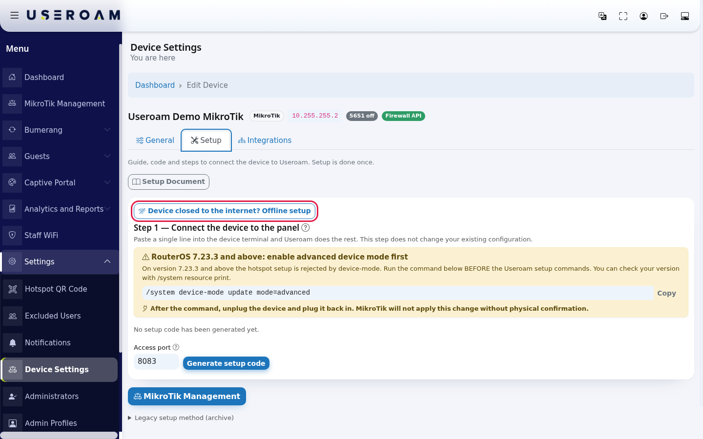Device Settings Setup tab with the Device closed to the internet? Offline setup button