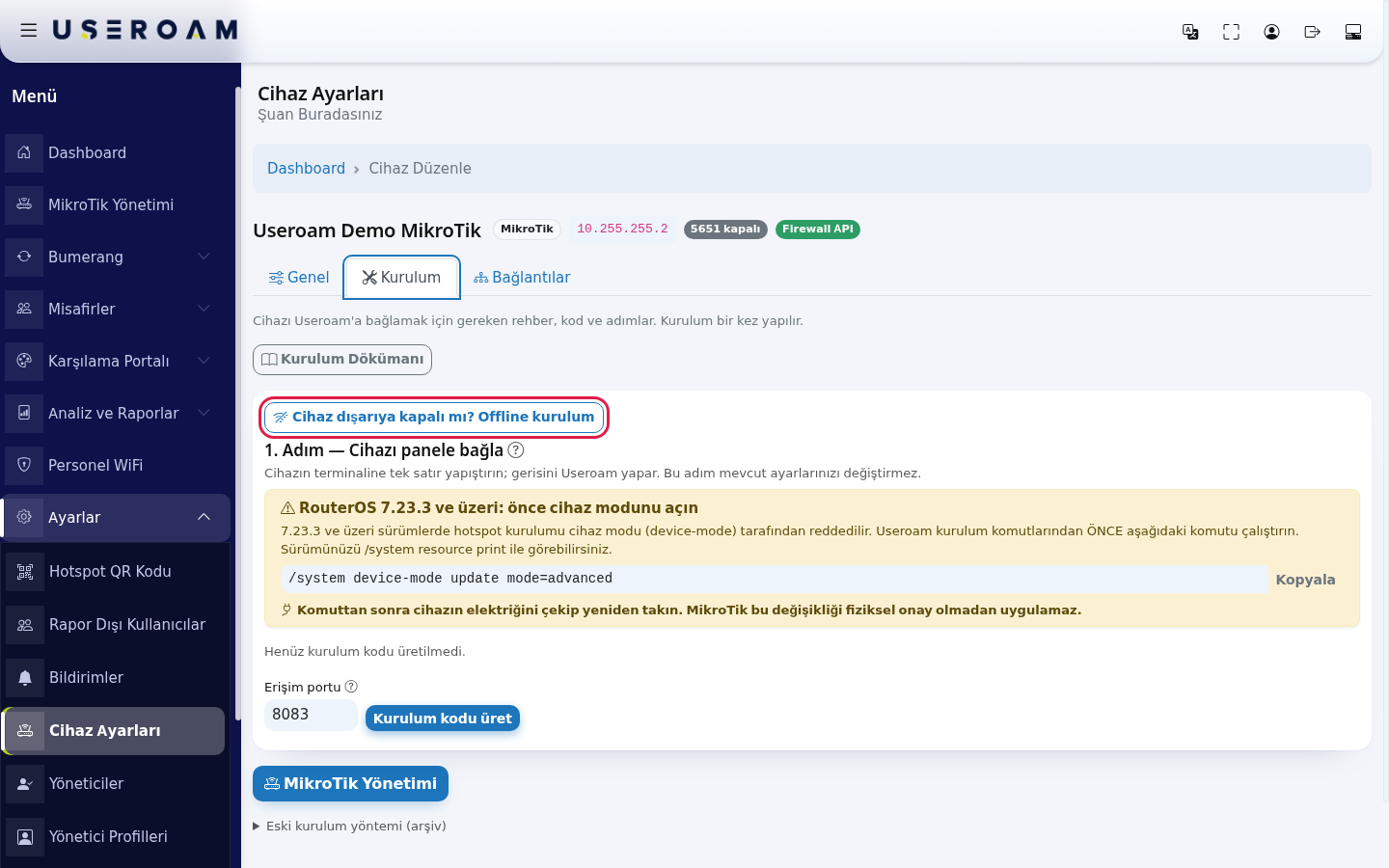 Cihaz Ayarları Kurulum sekmesinde Cihaz dışarıya kapalı mı? Offline kurulum düğmesi