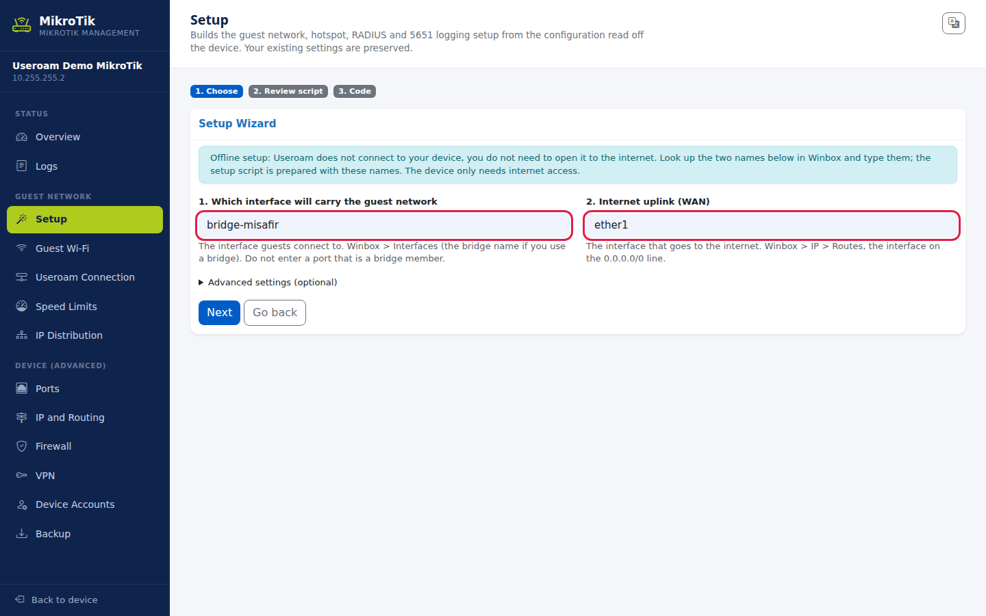 Offline Setup Wizard with the guest interface and internet uplink boxes