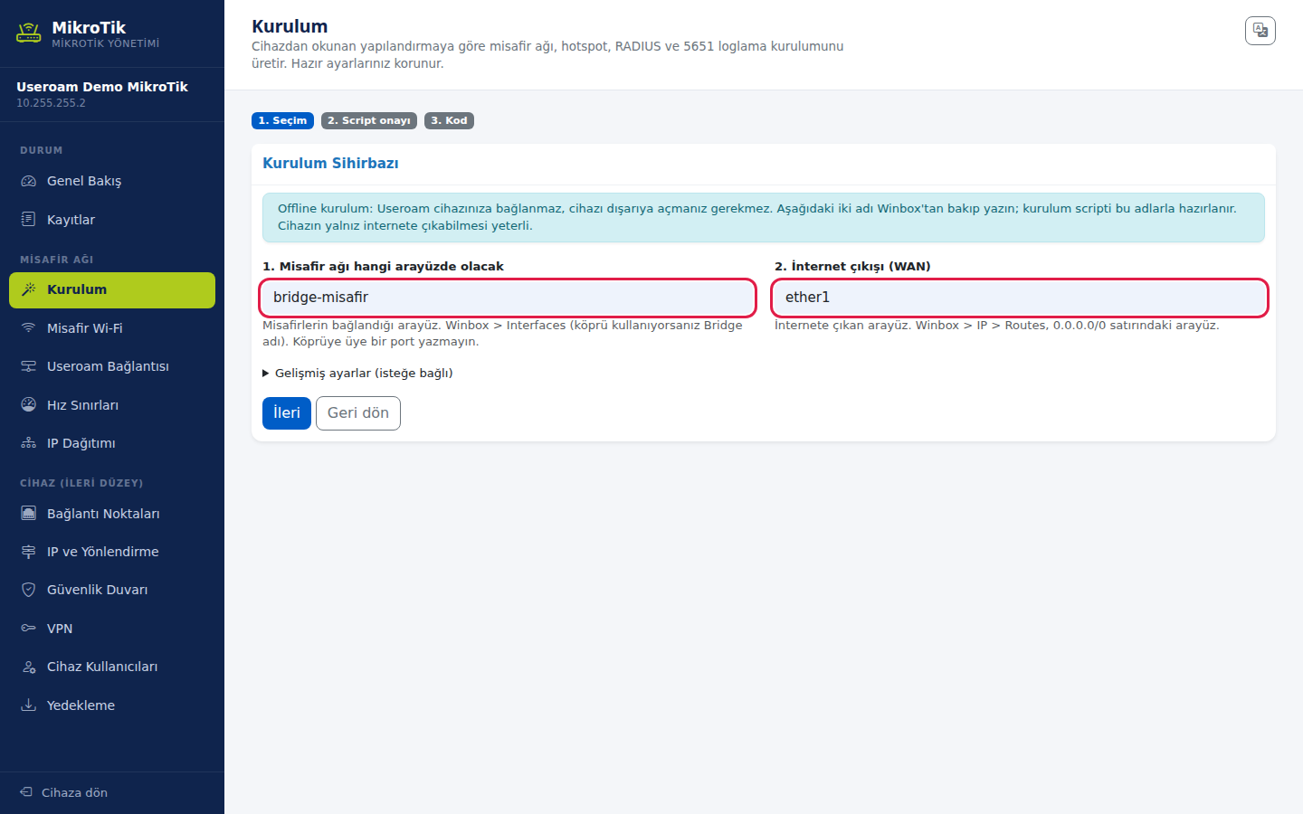 Offline Kurulum Sihirbazında misafir arayüzü ve internet çıkışı kutuları