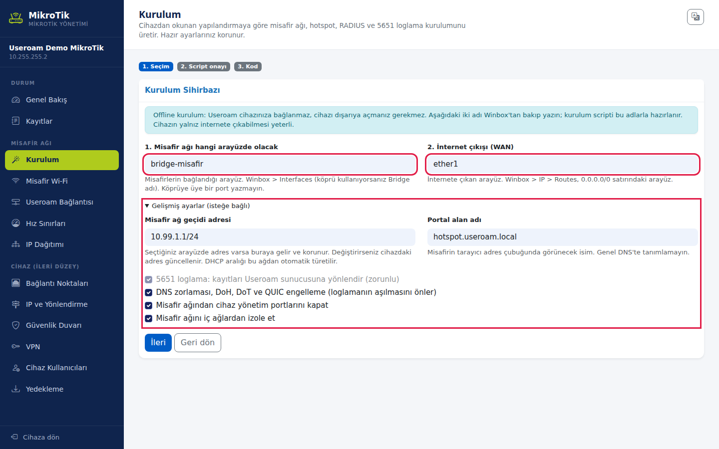 Gelişmiş ayarlar açık: ağ geçidi, portal alan adı ve güvenlik kutuları