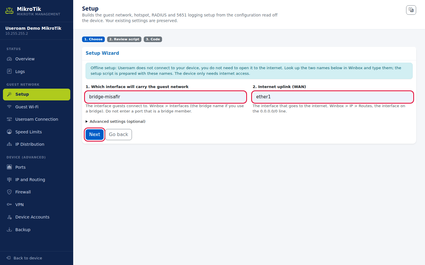 Next button in the Offline Setup Wizard