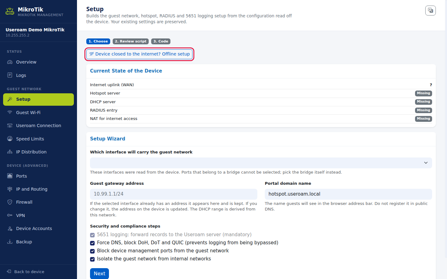 Offline setup link at the top of the MikroTik Management Setup section
