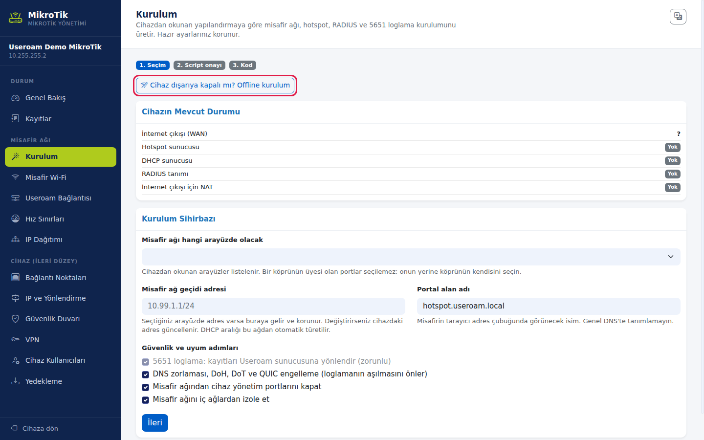Kurulum bölümünün üstünde Cihaz dışarıya kapalı mı? Offline kurulum düğmesi