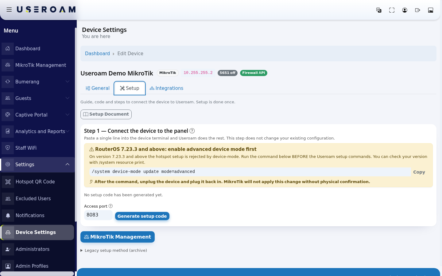 General tab with Device connection and the Device Password field