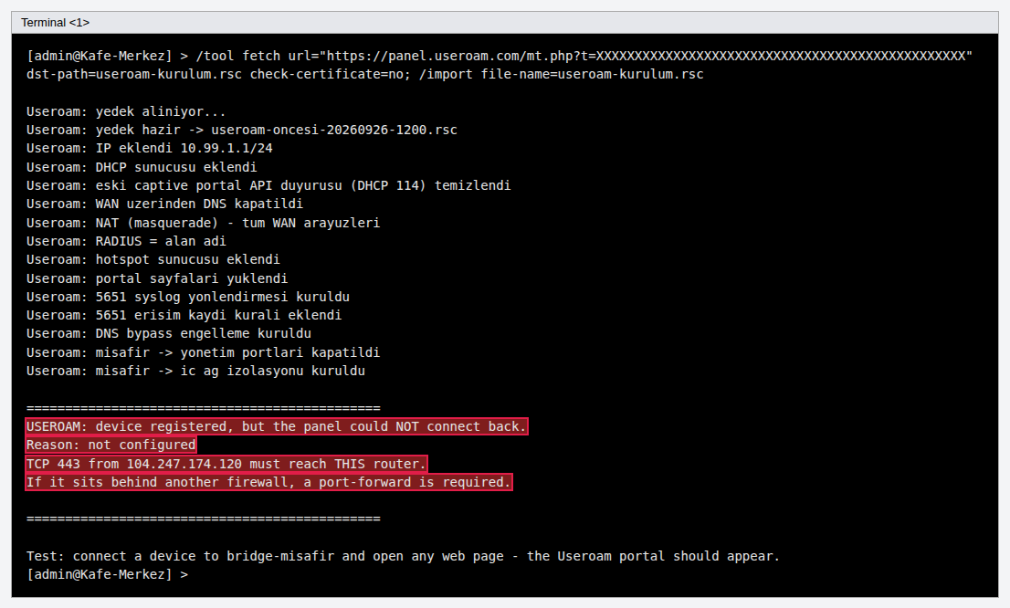Setup output in the terminal; the could NOT connect back lines at the end are marked