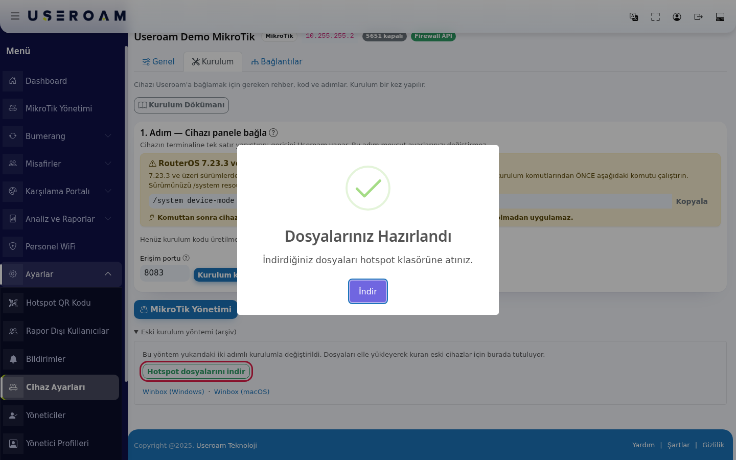 Dosyalarınız Hazırlandı penceresi ve İndir düğmesi