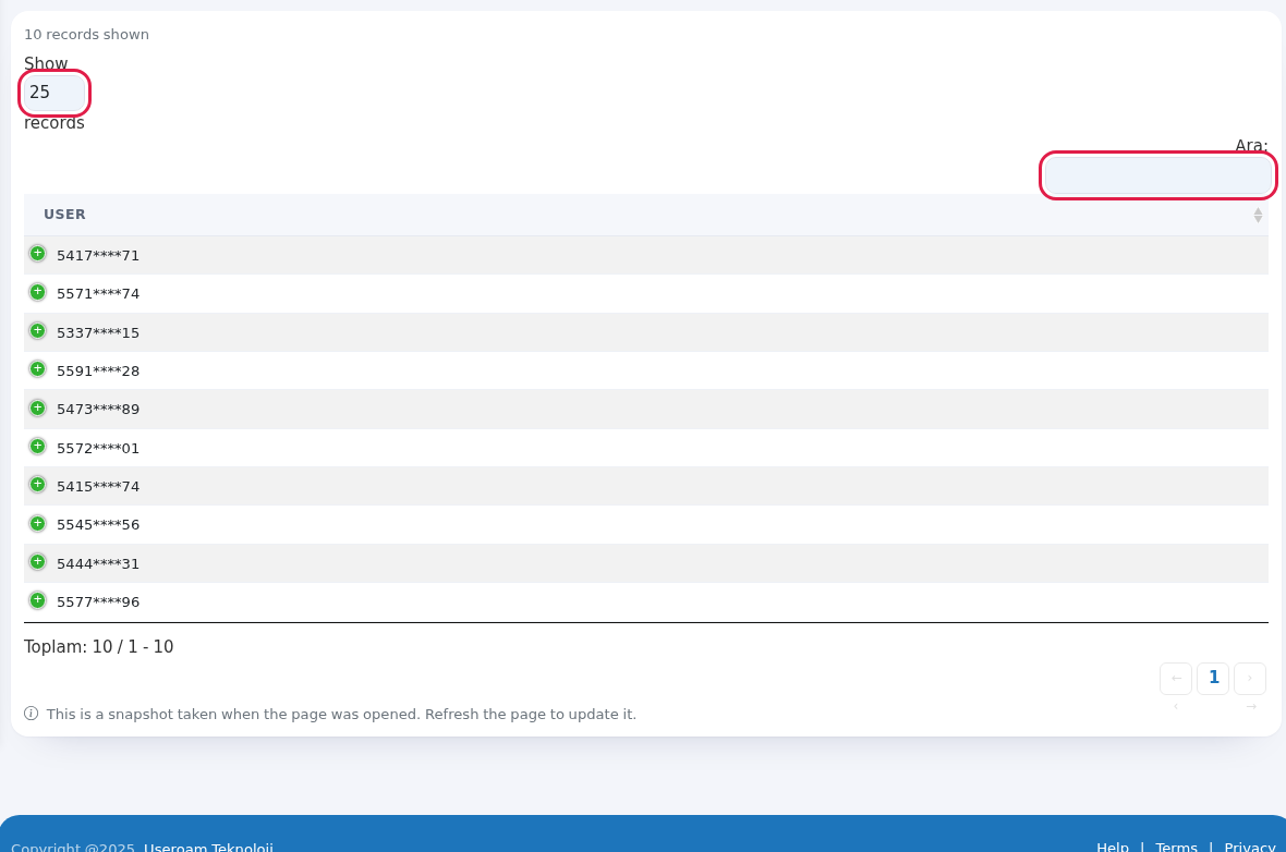 Active guest table, search and row count