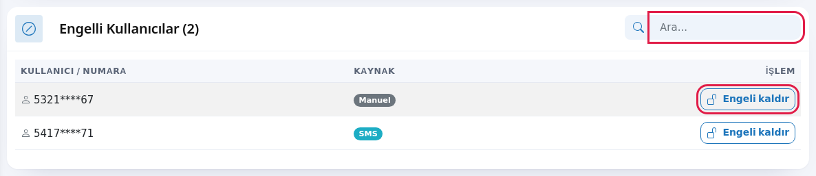 Engelli kullanıcı listesi ve Engeli kaldır düğmesi