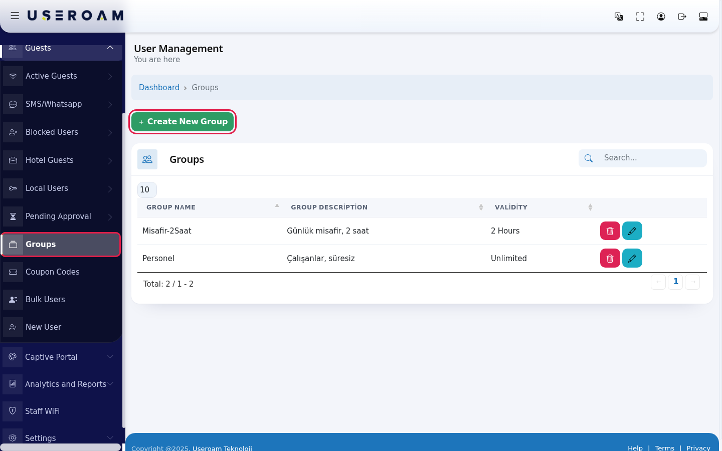 Groups screen and Create New Group button