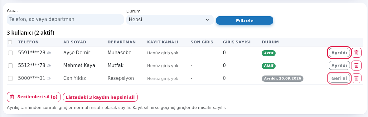 Ayrıldı ve Geri al düğmeleri