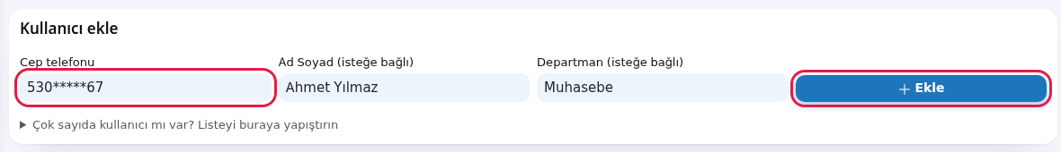 Kullanıcı ekle kartı ve Ekle düğmesi