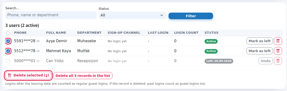 Row check boxes and Delete selected button
