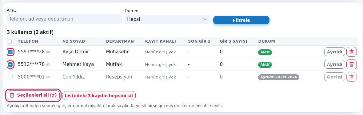 Seçim kutuları ve Seçilenleri sil düğmesi