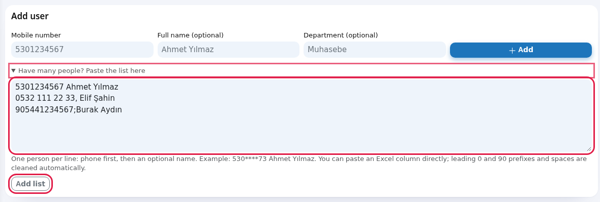 Bulk paste box and Add list button