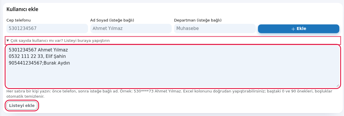 Toplu yapıştırma kutusu ve Listeyi ekle düğmesi