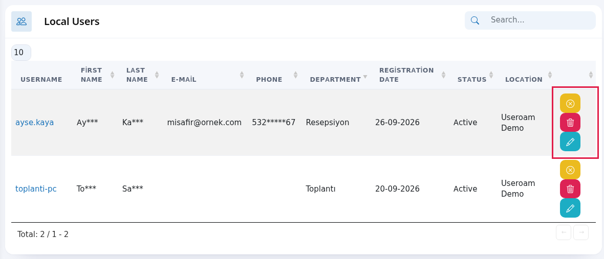 Local Users list and row buttons