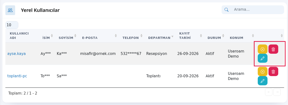 Yerel kullanıcı listesi ve satır düğmeleri