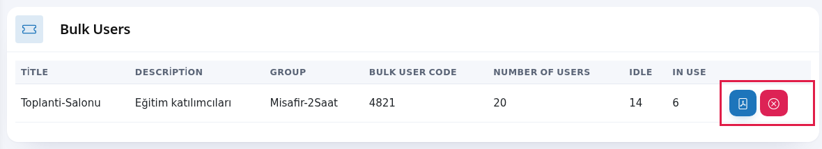 Bulk user list, PDF and delete buttons