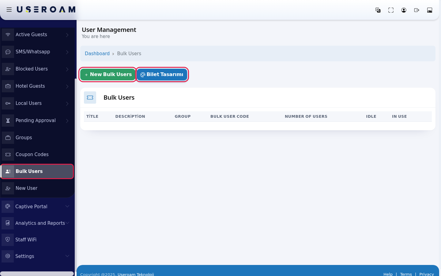 Bulk Users, New Bulk Users and ticket design buttons