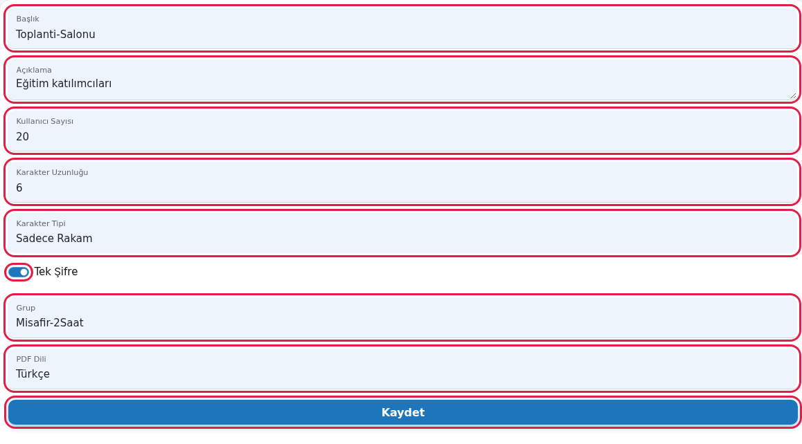 Yeni Toplu Kullanıcı formu