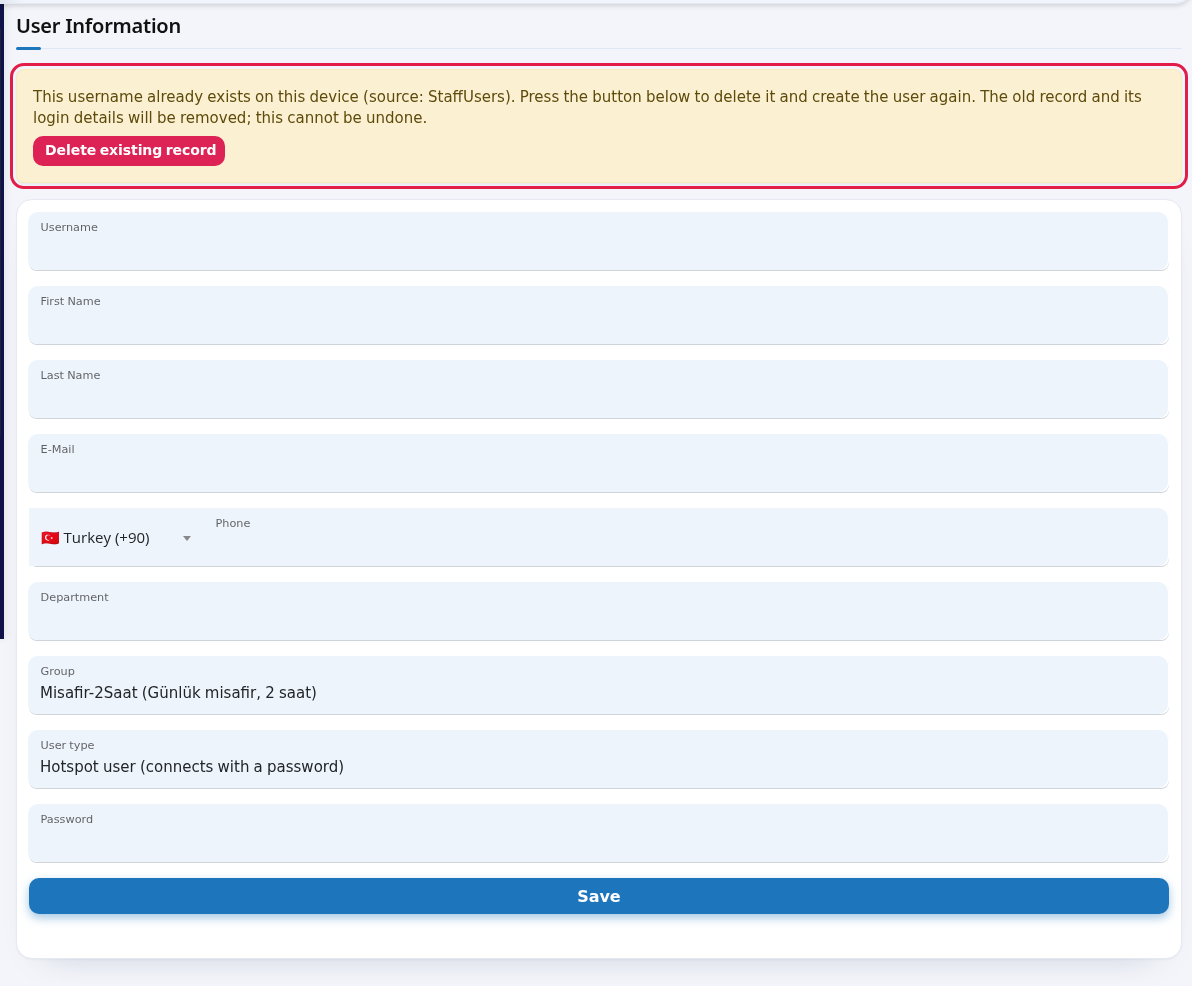 Username already exists warning and Delete existing record