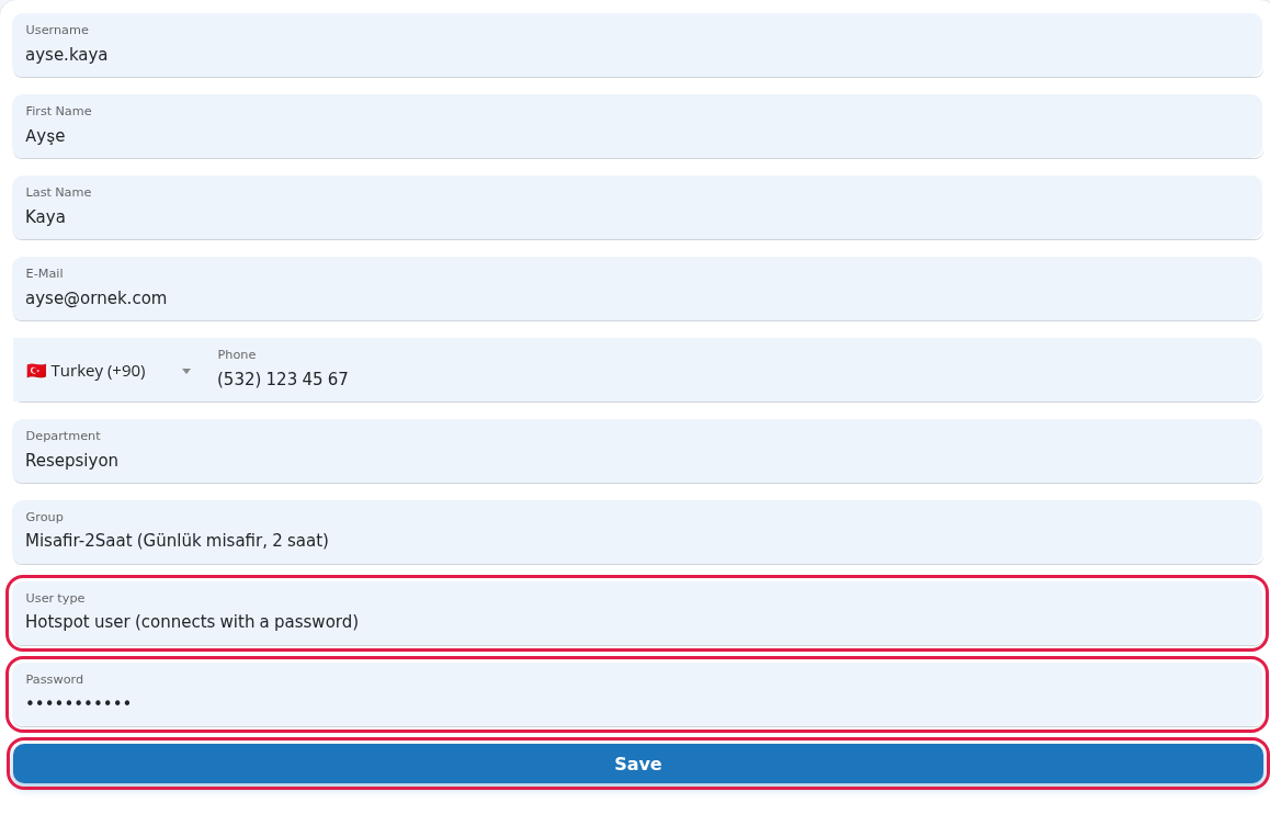 User type, Password and Save
