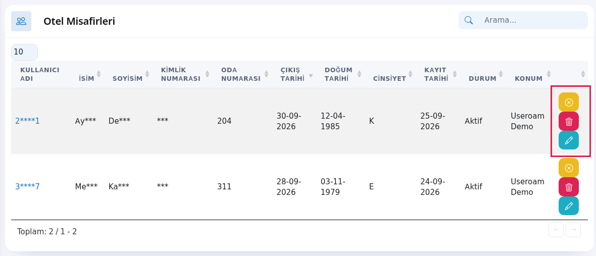 Otel misafiri listesi ve satır düğmeleri
