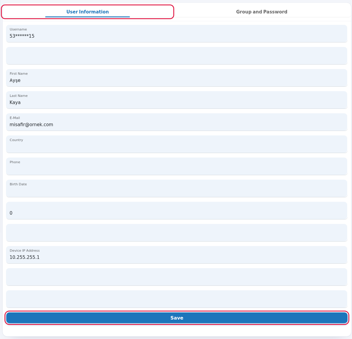 User Information tab and Save