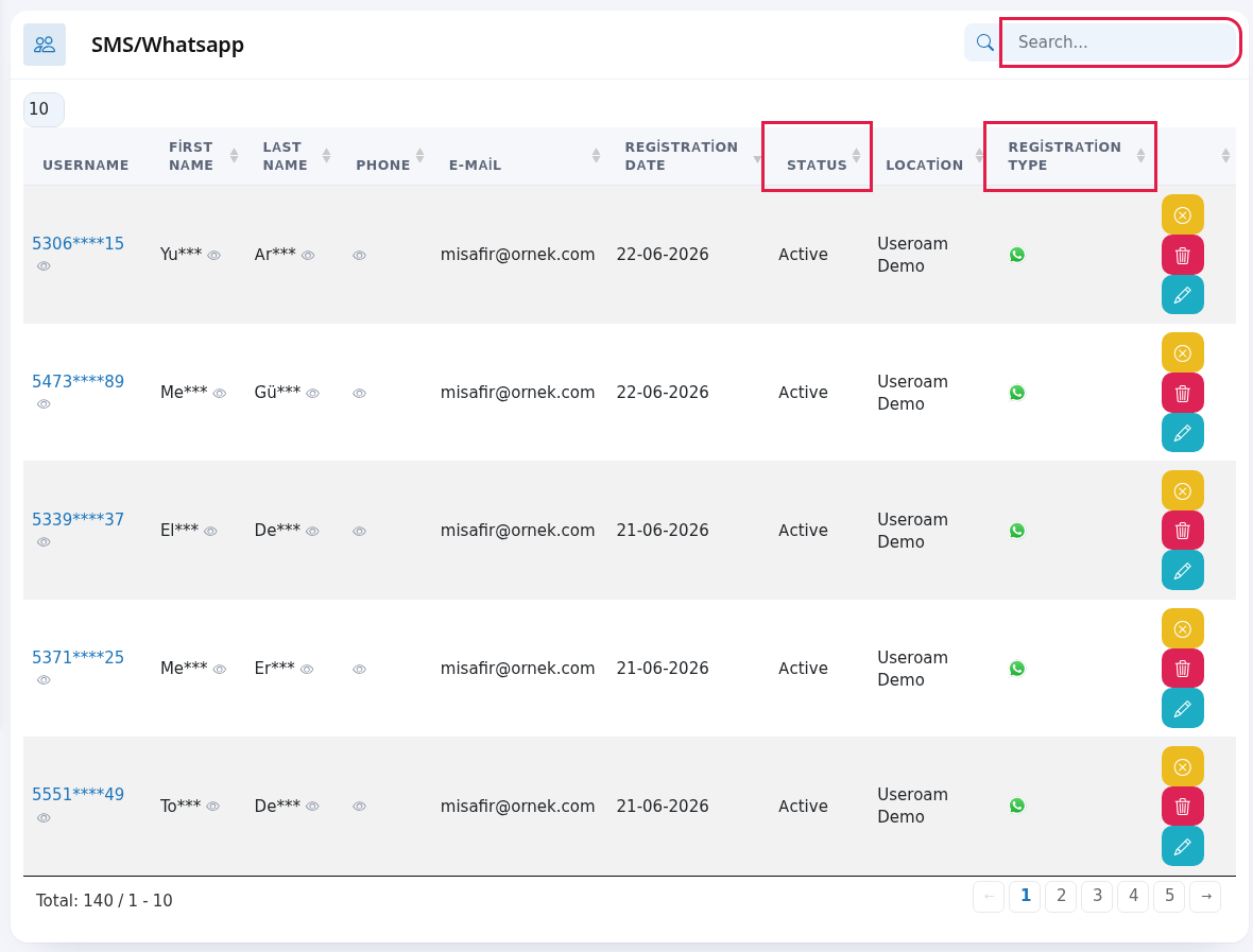 SMS/Whatsapp guest list, search, Status and Registration Type