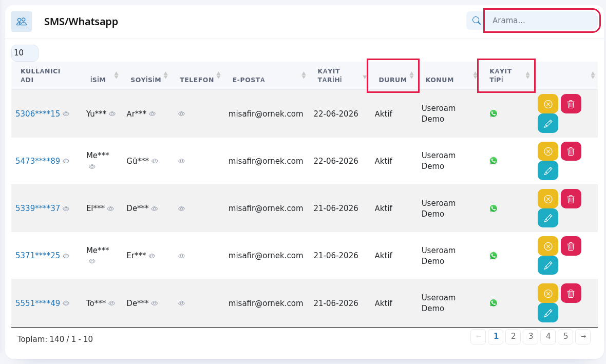 SMS/Whatsapp misafir listesi, arama, Durum ve Kayıt Tipi