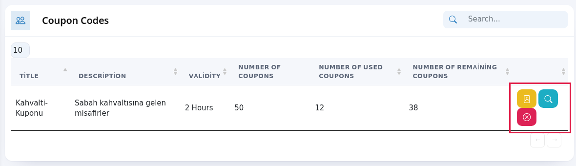 Coupon batch row: PDF, detail and delete buttons